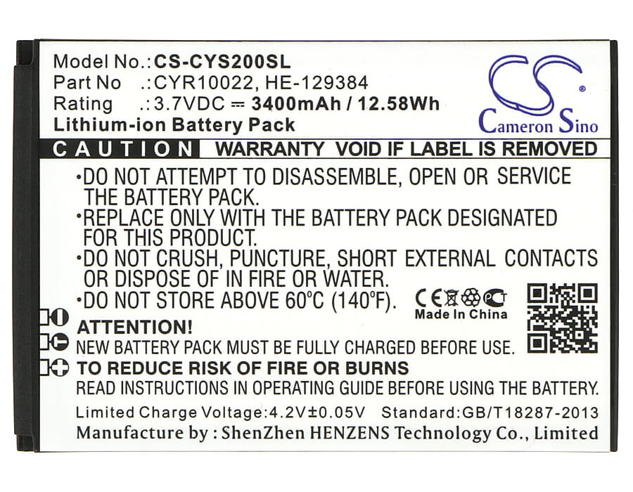 3.7V, 3400mAh, Li-ion Battery fits Cyrus, Cs20, 12.58Wh