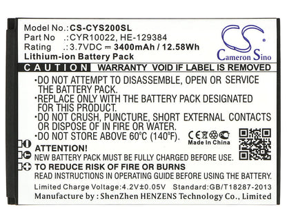 3.7V, 3400mAh, Li-ion Battery fits Cyrus, Cs20, 12.58Wh