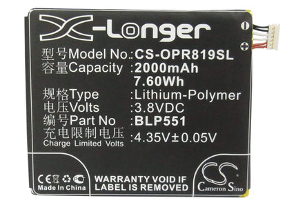 3.8V, 2000mAh, Li-Polymer Battery fits Oppo, Find Mirror, Find Muse, 7.6Wh