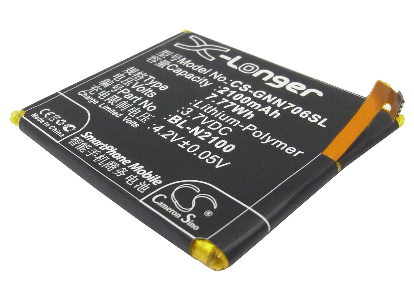 3.7V, 2100mAh, Li-Polymer Battery fits Gionee, Gn706, Gn706l, 7.77Wh