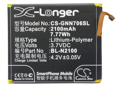 3.7V, 2100mAh, Li-Polymer Battery fits Gionee, Gn706, Gn706l, 7.77Wh