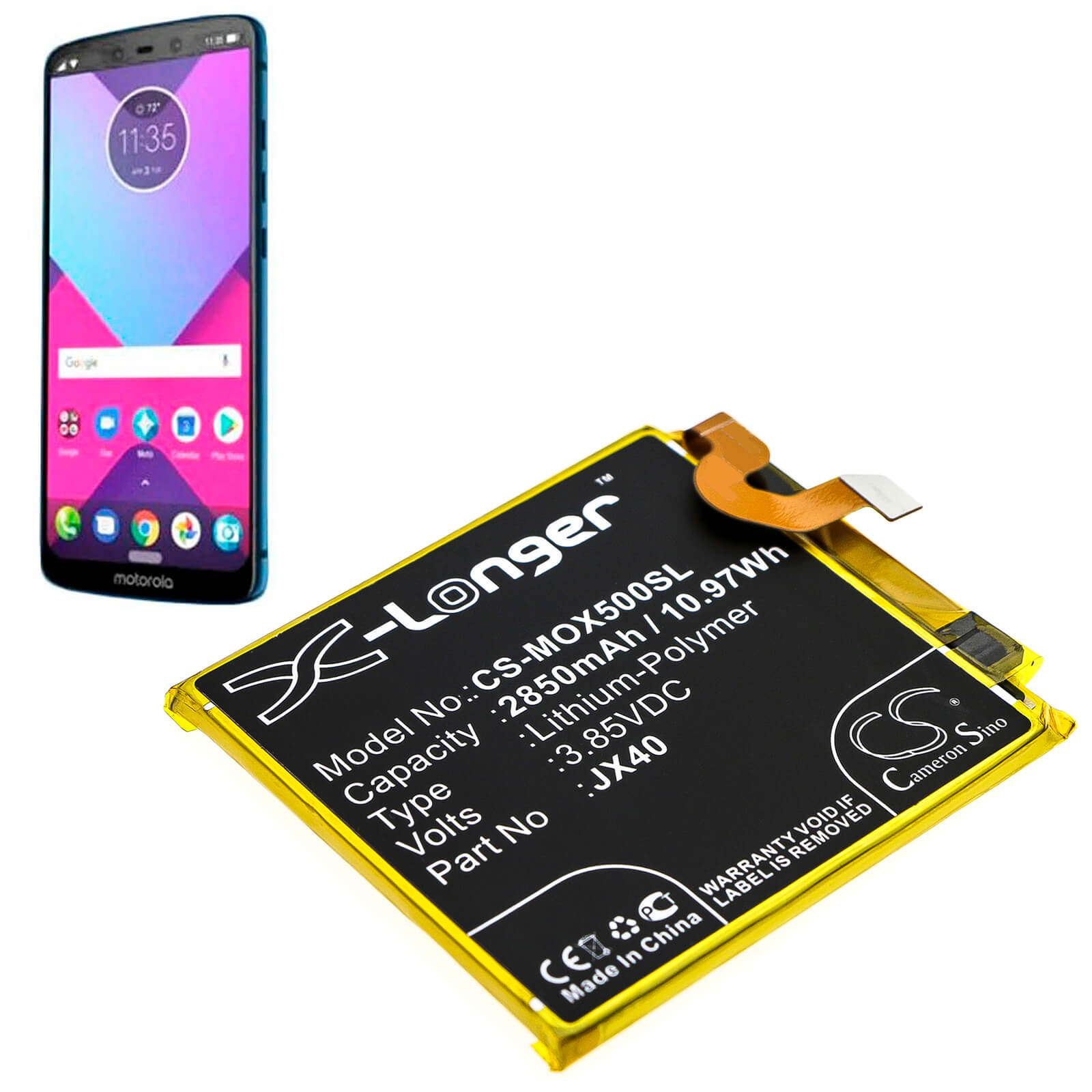 3.85V, 2850mAh, Li-Polymer Battery fits Motorola, Moto X5, 10.9725Wh