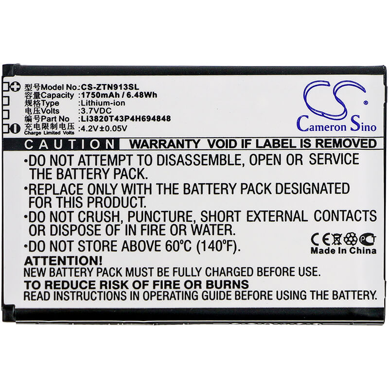 3.7V, 1750mAh, Li-ion Battery fits Zte, Maven 3, N9136, 6.475Wh