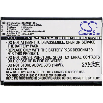 3.7V, 1750mAh, Li-ion Battery fits Zte, Maven 3, N9136, 6.475Wh