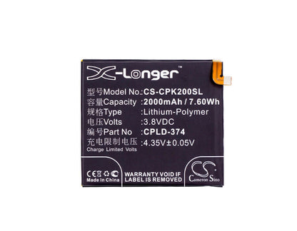 3.8V, 2000mAh, Li-Polymer Battery fits Coolpad, Ivvi K2, Ivvi K2-01, 7.6Wh