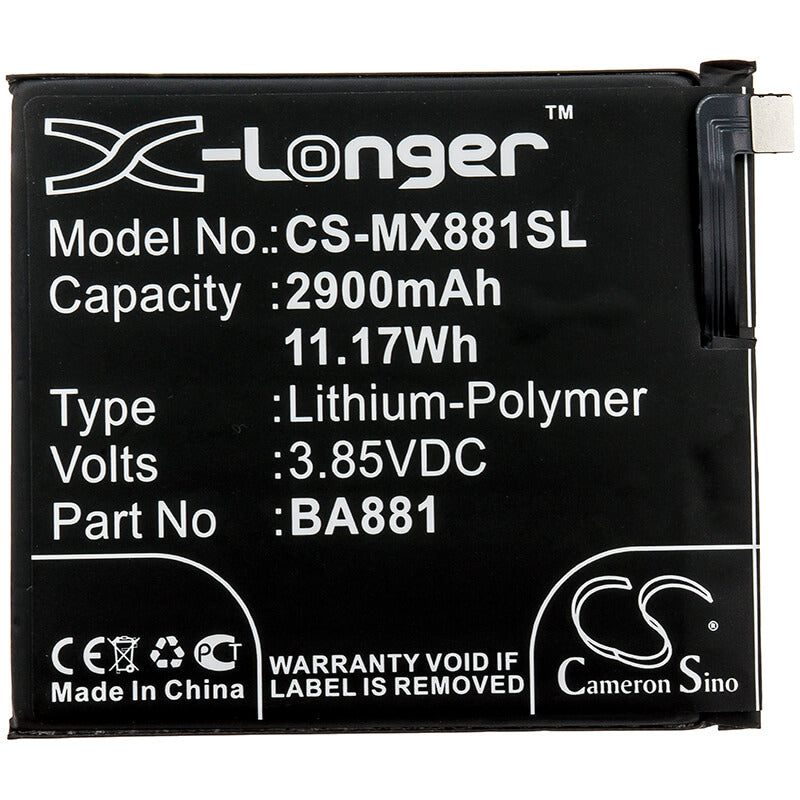 3.85V, 2900mAh, Li-Polymer Battery fits Meizu, 15, 15 Dual Sim, 11.165Wh