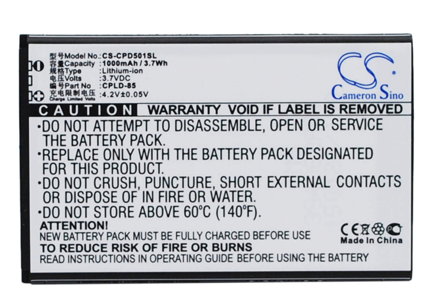 3.7V, 1000mAh, Li-ion Battery fits Coolpad, 5010, 3.7Wh