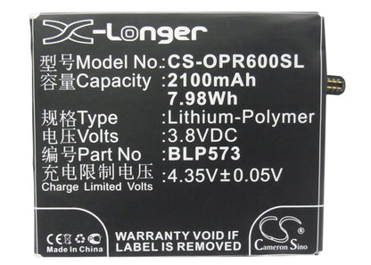 3.8V, 2100mAh, Li-Polymer Battery fits Oppo, N1 Mini, N5111, 7.98Wh