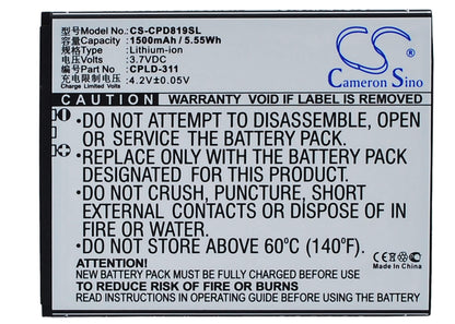 3.7V, 1500mAh, Li-ion Battery fits Coolpad, 7295c, 8198t, 5.55Wh