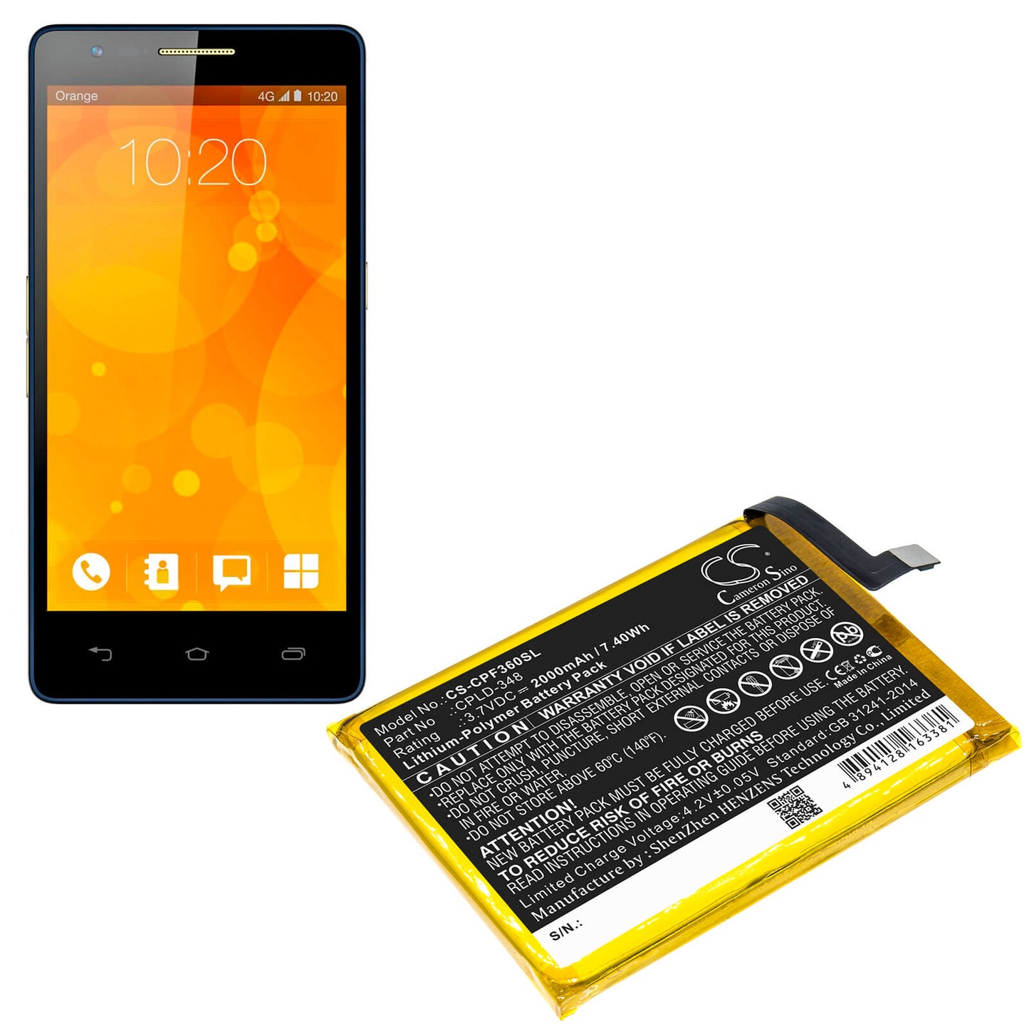 3.7V, 2000mAh, Li-Polymer Battery fits Orange, Fova, 7.4Wh