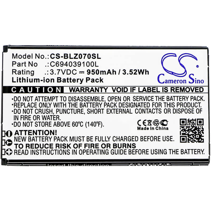 3.7V, 950mAh, Li-ion Battery fits Blu, Z070, Z070u, 3.515Wh