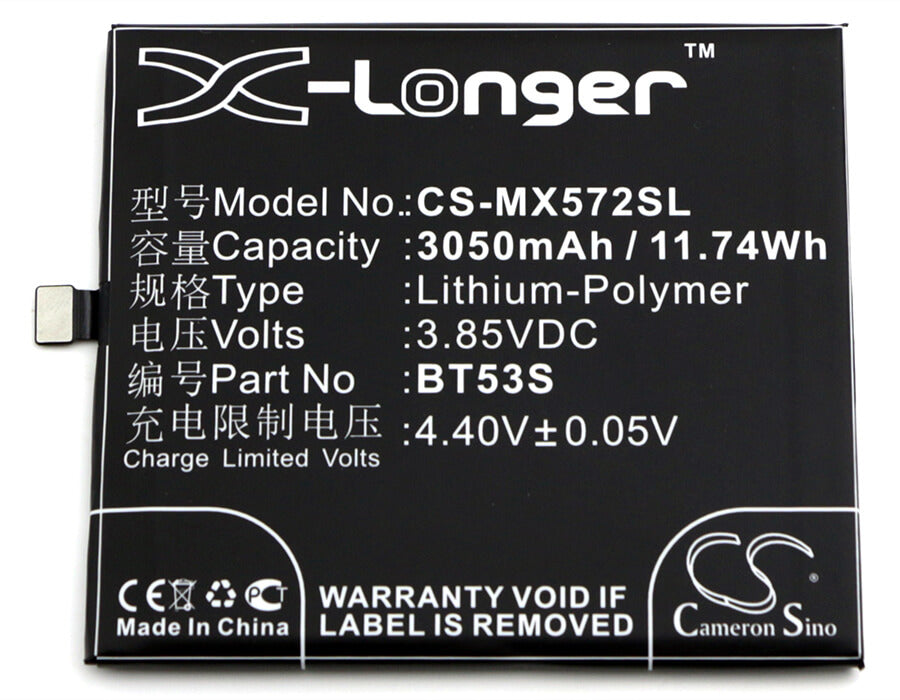 3.85V, 3050mAh, Li-Polymer Battery fits Meizu, M570q-s Dual Sim Td-lte, Pro 6s, 11.7425Wh