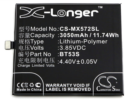 3.85V, 3050mAh, Li-Polymer Battery fits Meizu, M570q-s Dual Sim Td-lte, Pro 6s, 11.7425Wh