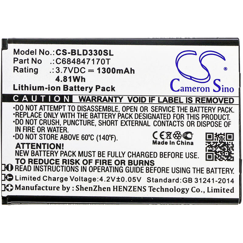 3.7V, 1300mAh, Li-ion Battery fits Blu, D330, Dash Music 2, 4.81Wh