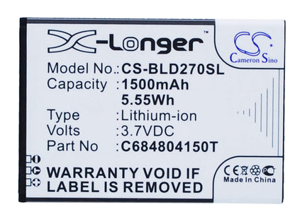 3.7V, 1500mAh, Li-ion Battery fits Blu, D270, D270a, 5.55Wh