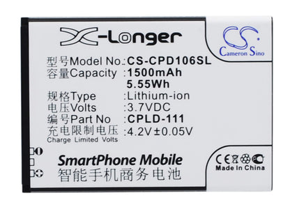 3.7V, 1500mAh, Li-ion Battery fits Coolpad, 5213, 5216d, 5.55Wh