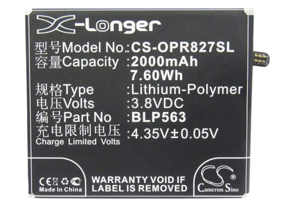 3.8V, 2000mAh, Li-Polymer Battery fits Oppo, R827, R827t, 7.6Wh