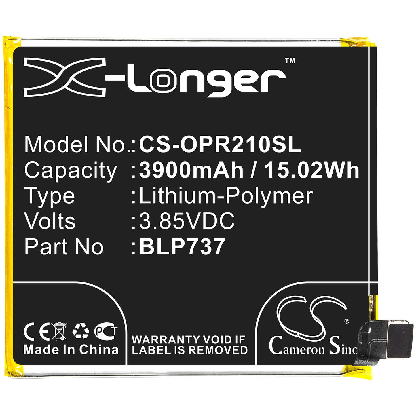 3.85V, 3900mAh, Li-Polymer Battery fits Oppo, Cph1945, Cph1951, 15.015Wh