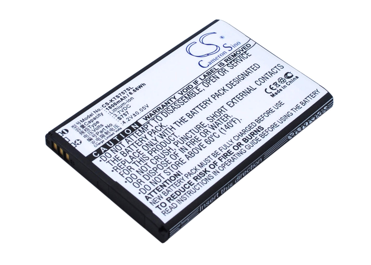 3.7V, 1800mAh, Li-ion Battery fits K-touch, S757, 6.66Wh