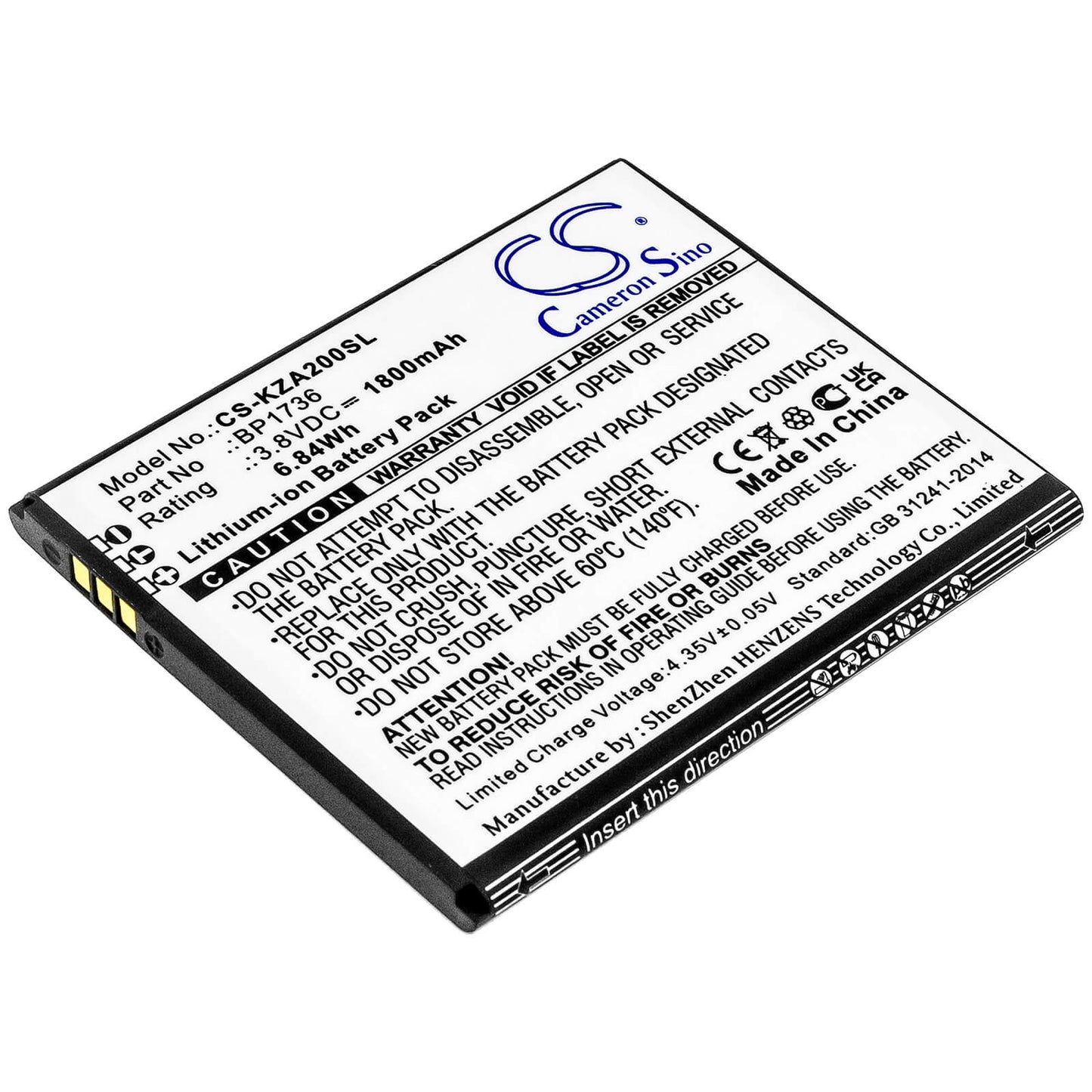 3.8V, 1800mAh, Li-ion Battery fits Kazuna, Etalk Myflix, Kazn20, 6.84Wh