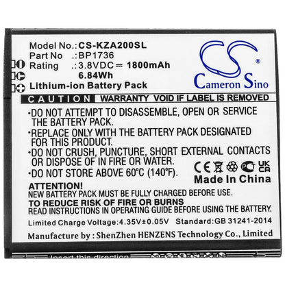 3.8V, 1800mAh, Li-ion Battery fits Kazuna, Etalk Myflix, Kazn20, 6.84Wh