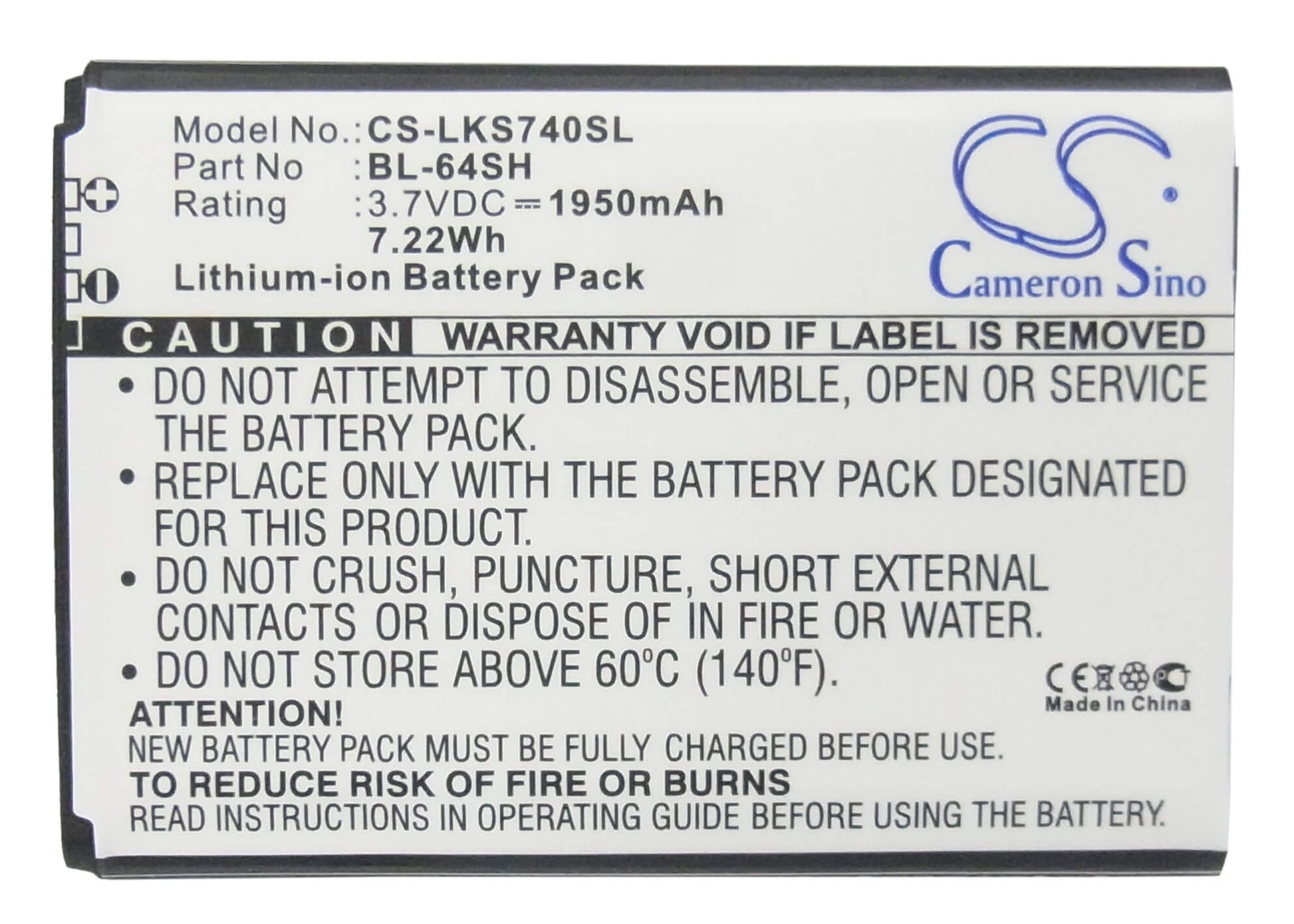 3.7V, 1950mAh, Li-ion Battery fits Lg, F540s, H442, 7.215Wh