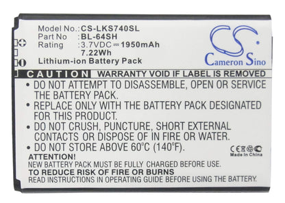 3.7V, 1950mAh, Li-ion Battery fits Lg, F540s, H442, 7.215Wh