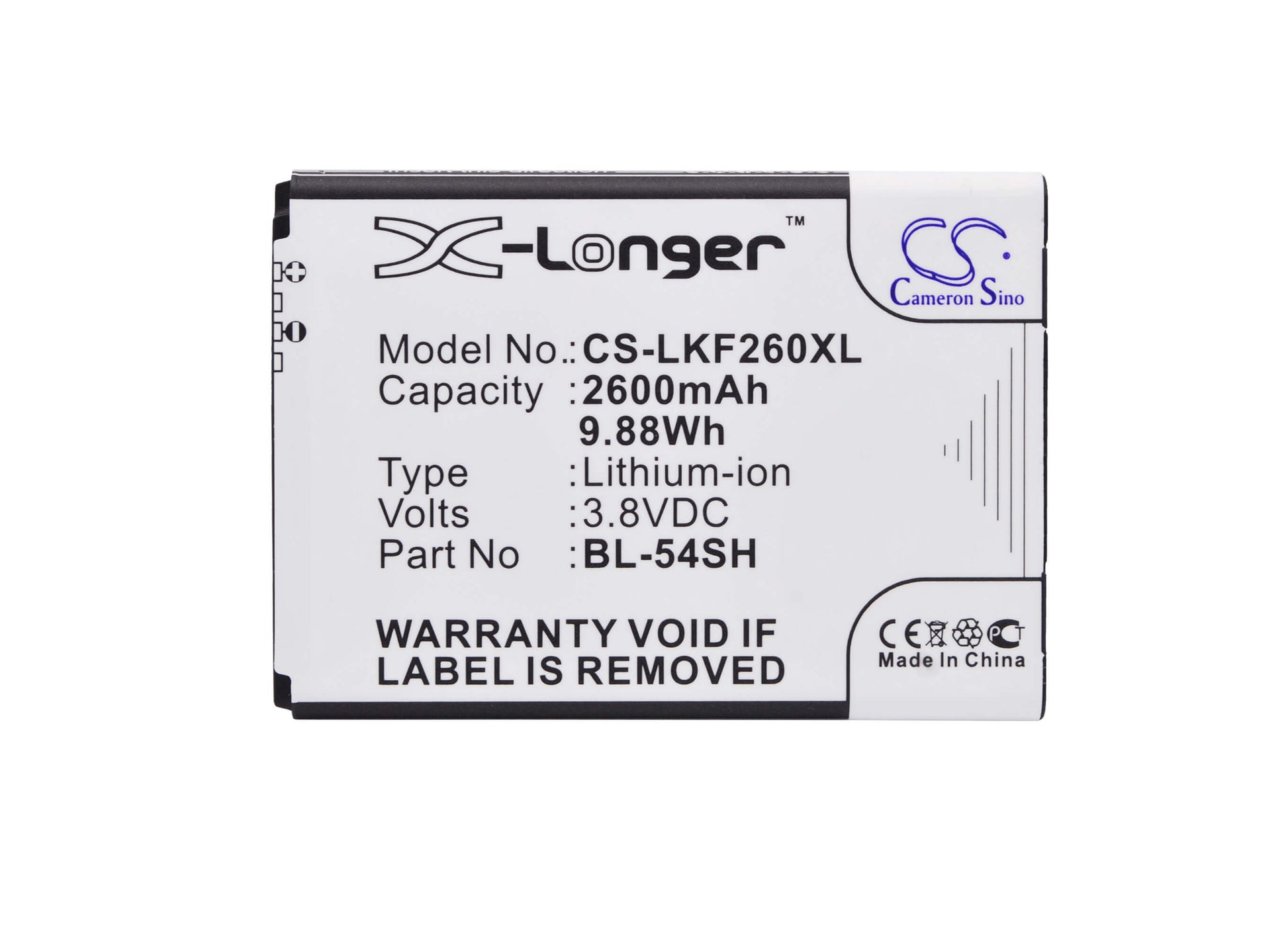 3.8V, 2600mAh, Li-ion Battery fits Lg, Bello 2, Bello 2 Dual, 9.88Wh
