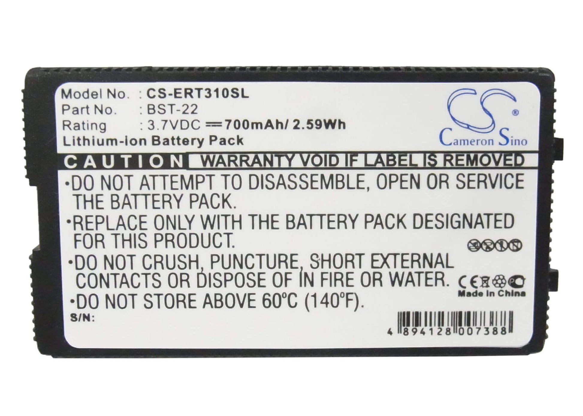 3.7V, 700mAh, Li-ion Battery fits Sony Ericsson, T300, T306, 2.59Wh