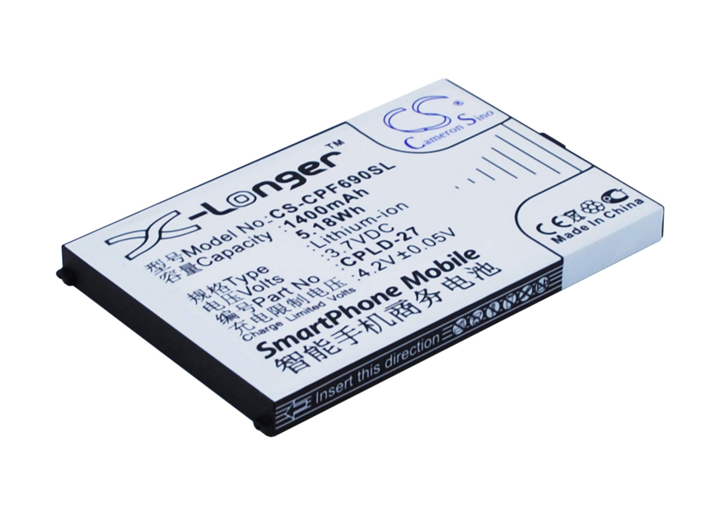 3.7V, 1400mAh, Li-ion Battery fits Coolpad, 6168, 6168h, 5.18Wh