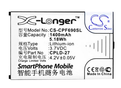 3.7V, 1400mAh, Li-ion Battery fits Coolpad, 6168, 6168h, 5.18Wh