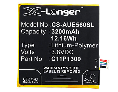 3.8V, 3200mAh, Li-Polymer Battery fits Asus, Fonepad Note 6, Fonepad Note Fhd6, 12.16Wh