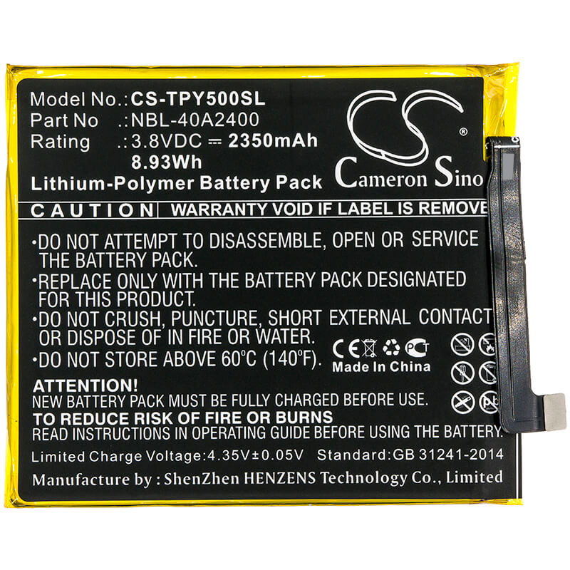 3.8V, 2350mAh, Li-Polymer Battery fits Neffos, Tp804a, Tp804c, 8.93Wh
