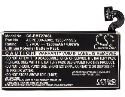 3.7V, 1260mAh, Li-Polymer Battery fits Sony Ericsson, Pepper, Xperia Mt27, 4.662Wh