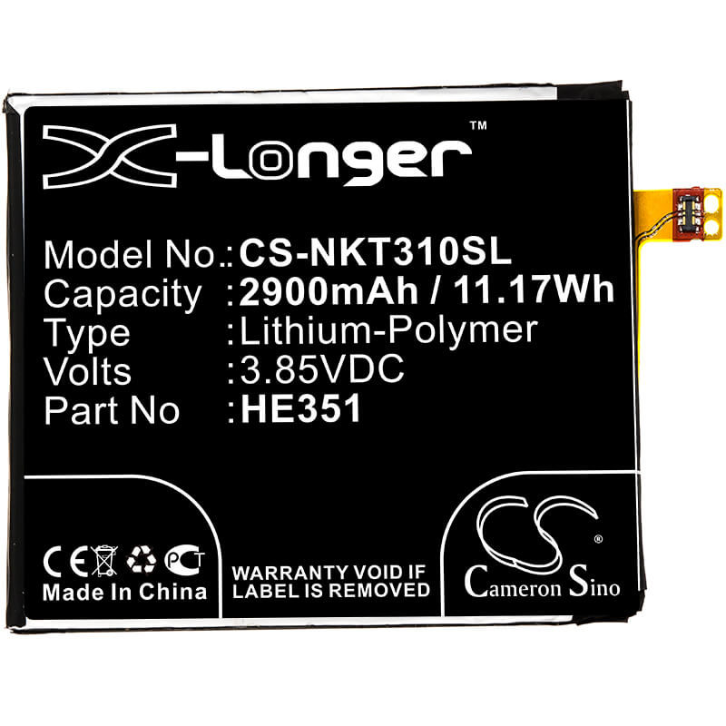 3.85V, 2900mAh, Li-Polymer Battery fits Nokia, 3.1, Ta-1049, 11.165Wh