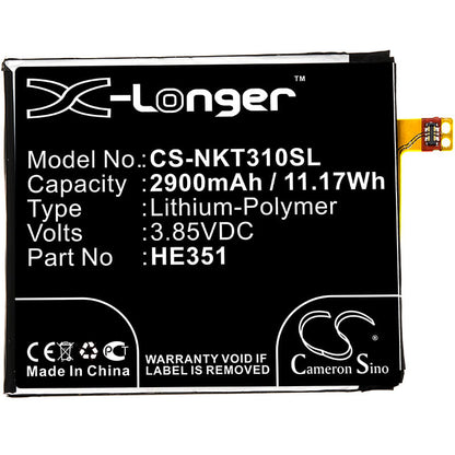 3.85V, 2900mAh, Li-Polymer Battery fits Nokia, 3.1, Ta-1049, 11.165Wh