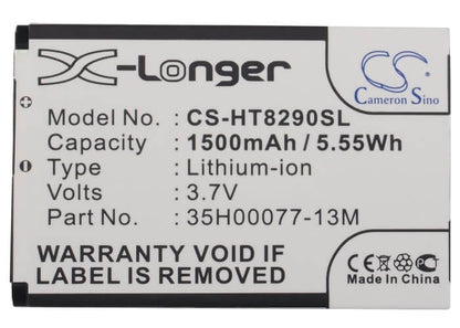 3.7V, 1500mAh, Li-Polymer Battery fits Htc, Max 4g, Quartz, 5.55Wh