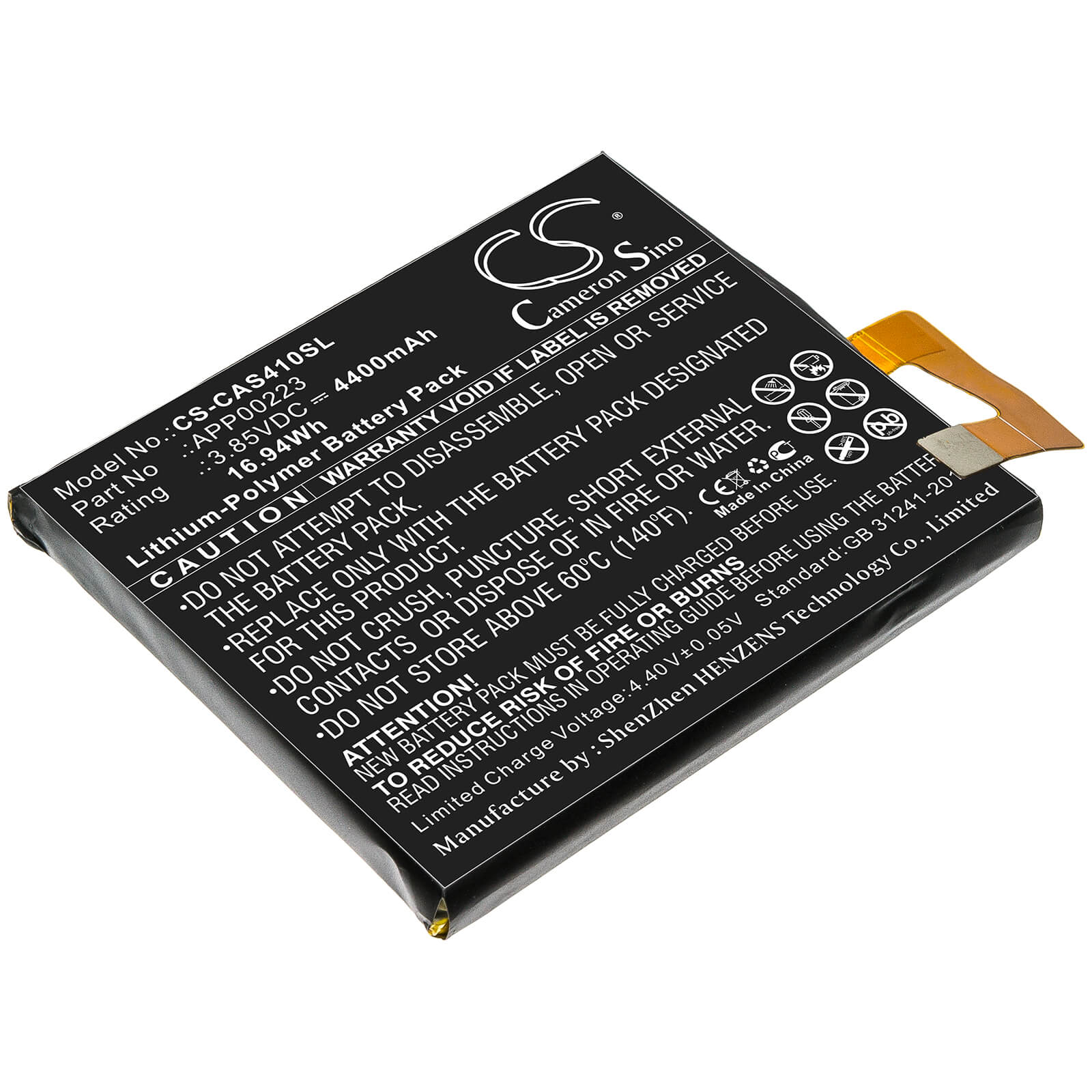 3.85V, 4400mAh, Li-Polymer Battery fits Caterpillar, Cat S41, 16.94Wh