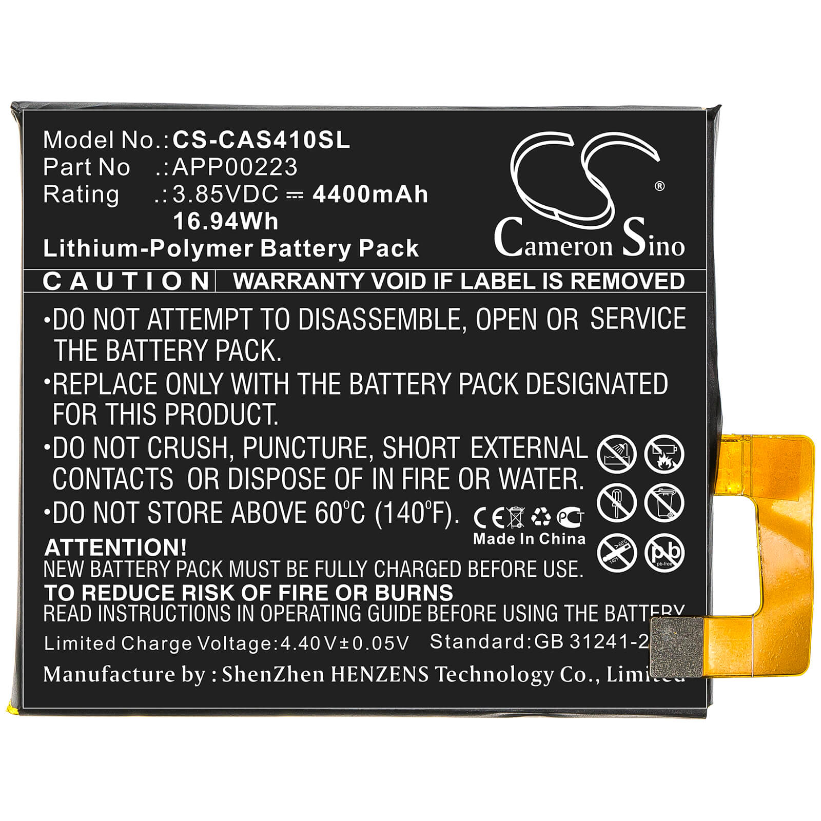 3.85V, 4400mAh, Li-Polymer Battery fits Cat, S41, 16.94Wh