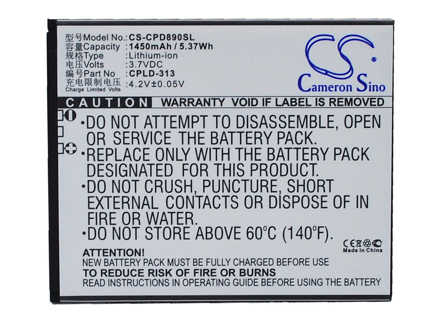 3.7V, 1450mAh, Li-ion Battery fits Coolpad, 4 Mini, 8908, 5.365Wh
