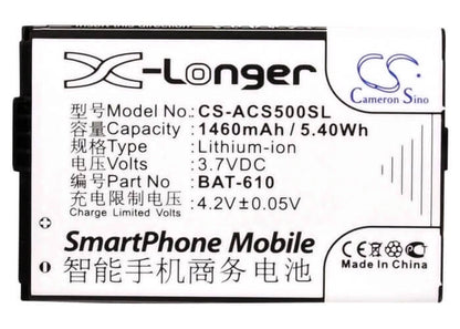 3.7V, 1460mAh, Li-ion Battery fits Acer, Cloud Mobile, Cloudmobile S500, 5.402Wh