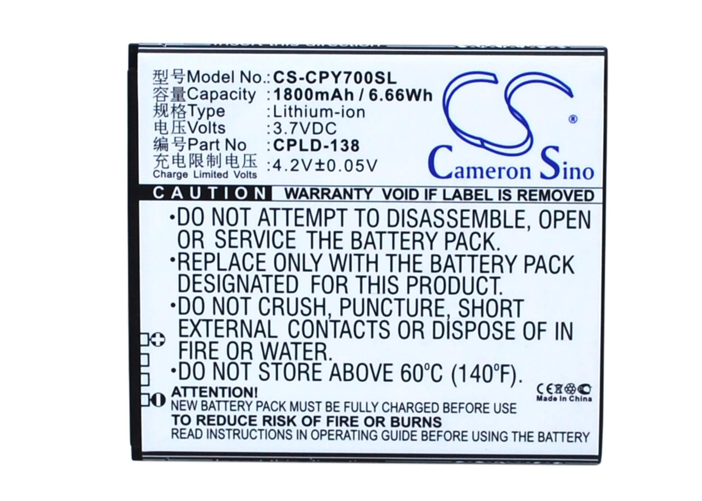 3.7V, 1800mAh, Li-ion Battery fits Coolpad, Y60-c1, Y70-c, 6.66Wh
