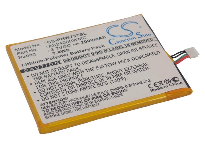 3.7V, 2000mAh, Li-Polymer Battery fits Philips, Ctw737nay, Xenium W736, 7.4Wh