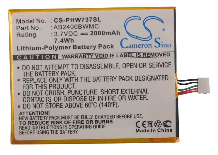 3.7V, 2000mAh, Li-Polymer Battery fits Philips, Ctw737nay, Xenium W736, 7.4Wh