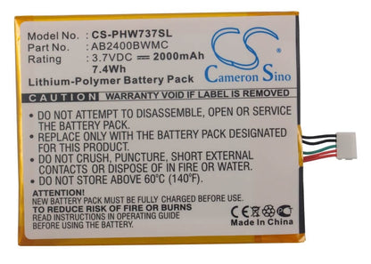 3.7V, 2000mAh, Li-Polymer Battery fits Philips, Ctw737nay, Xenium W736, 7.4Wh