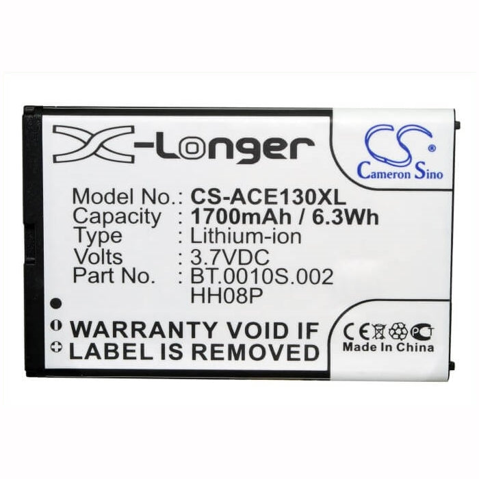 3.7V, 1700mAh, Li-ion Battery fits Acer, Acer Betouch E130 B, Betouch E130, 6.29Wh