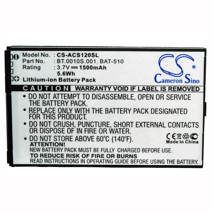 3.7V, 1500mAh, Li-ion Battery fits Acer, Liquid Metal Mt, S120, 5.55Wh