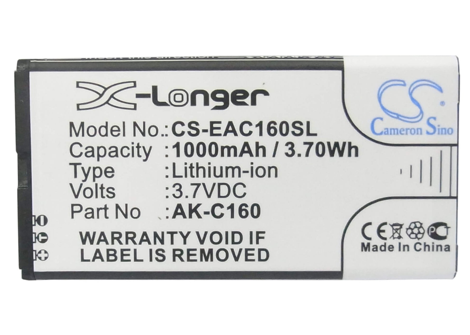 3.7V, 1000mAh, Li-ion Battery fits Emporia, C160, C160_001_rd, 3.7Wh