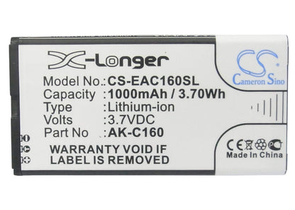 3.7V, 1000mAh, Li-ion Battery fits Emporia, C160, C160_001_rd, 3.7Wh