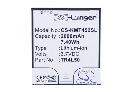 3.7V, 2000mAh, Li-ion Battery fits Kazam, Trooper 450l, Trooper 450l Dual Sim, 7.4Wh